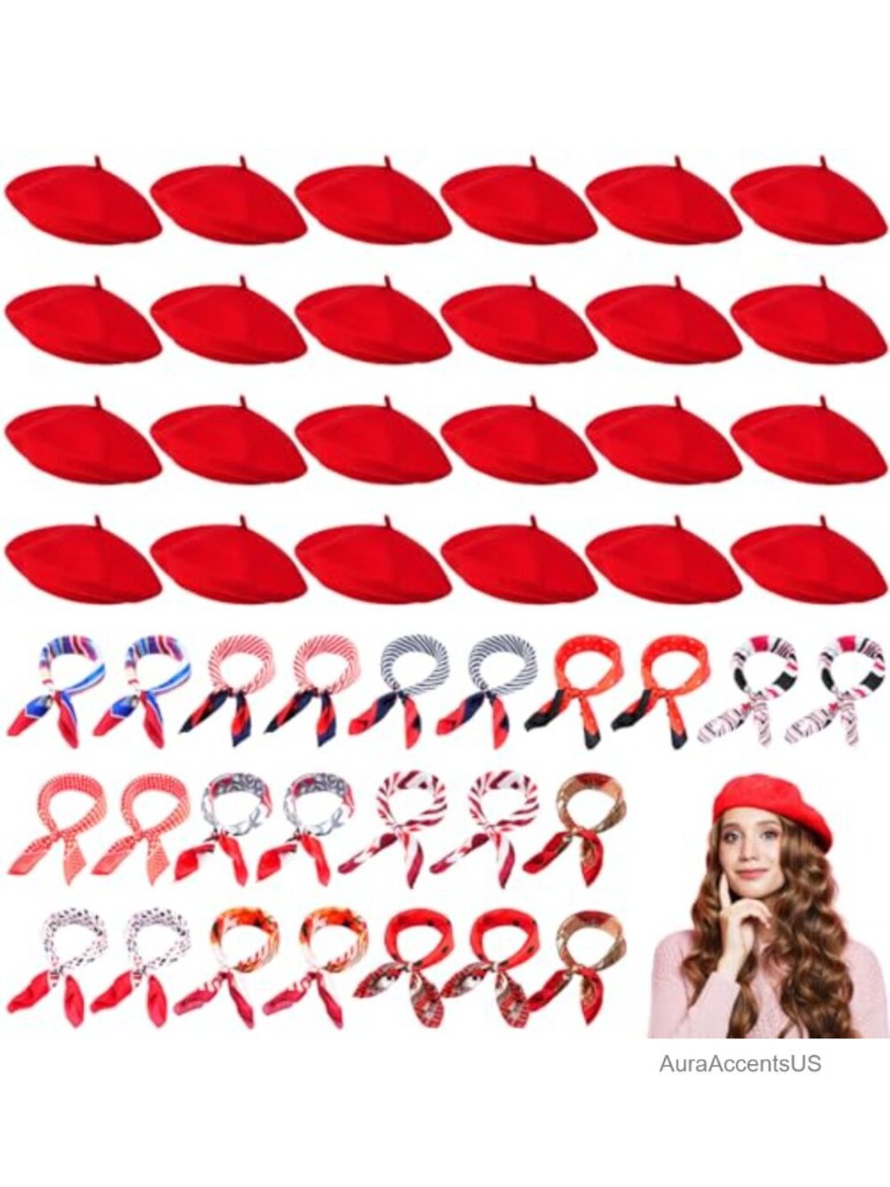 24 French Wool Berets with 24 Polyester Silk Scarves - 48pc Set One Size
